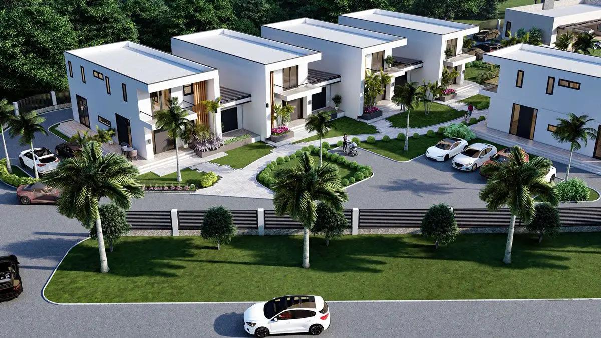 Rendering: aerial view of the community from the road