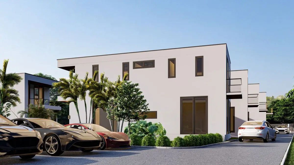 Rendering: side of a villa with parking