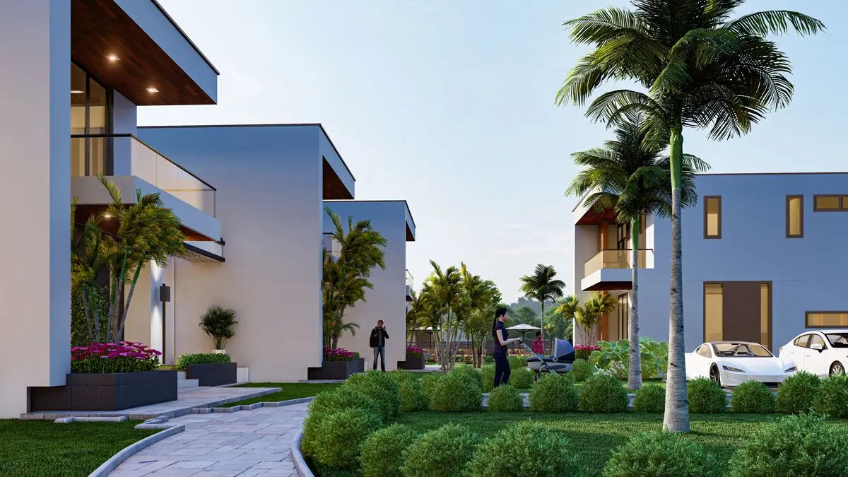 Rendering: entrance path and gardens