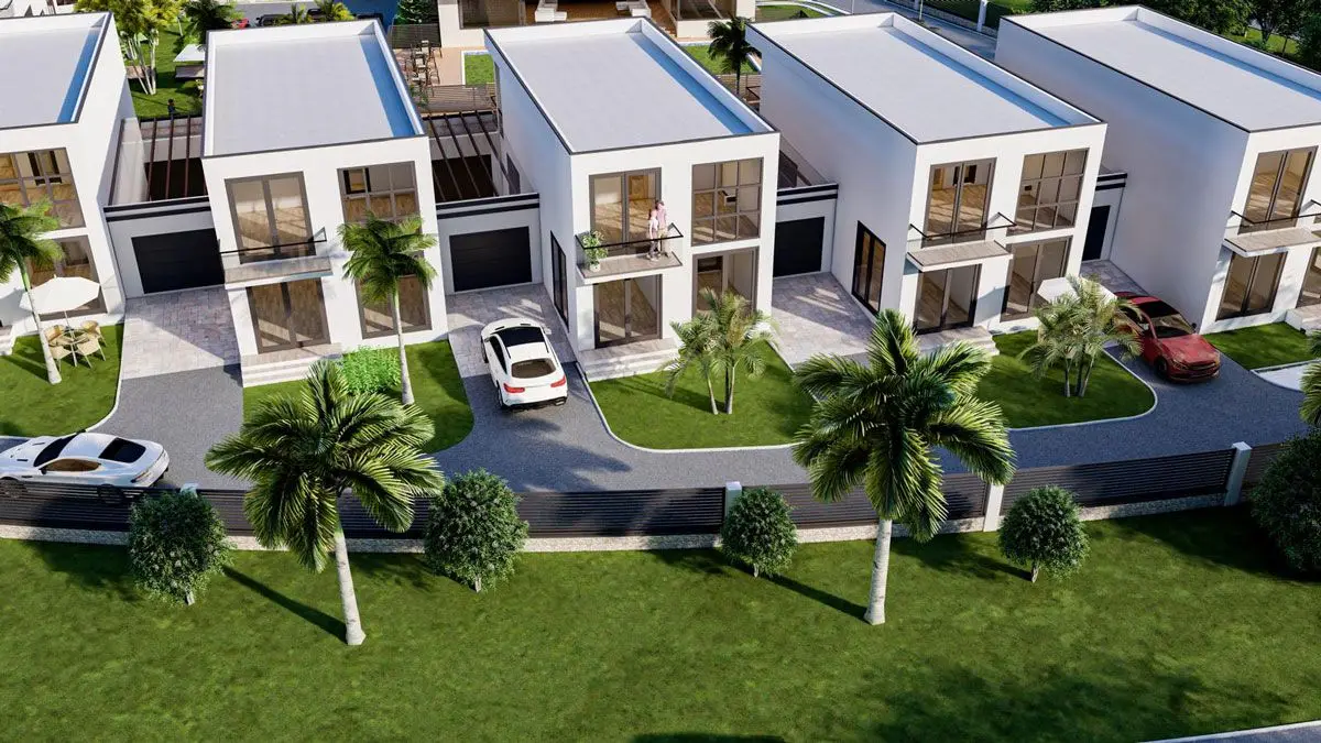 Rendering: aerial view of villas and gardens